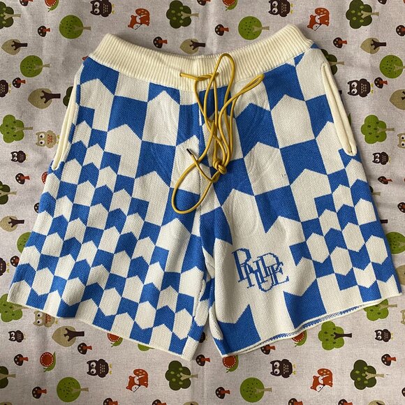 Rhude Check Embroidered Elastic Shorts Mens Blue - Picture 1 of 6